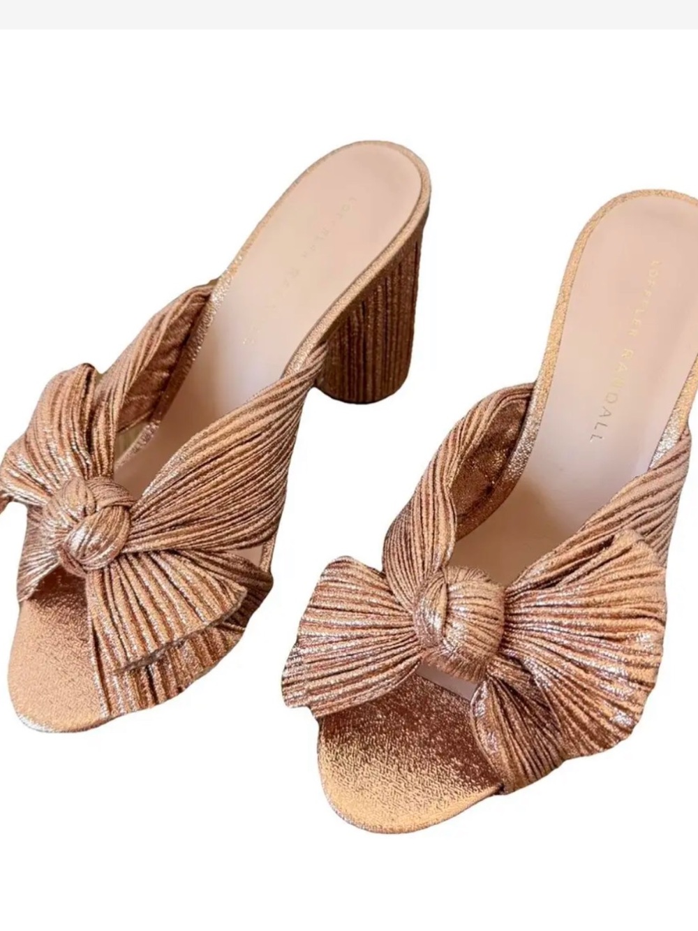 Women’s Sz 8.5 Loeffler Randall Penny Pleated Bow Heel - Metallic Rose Gold